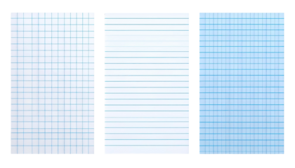 Three sheets of lined and gridded paper