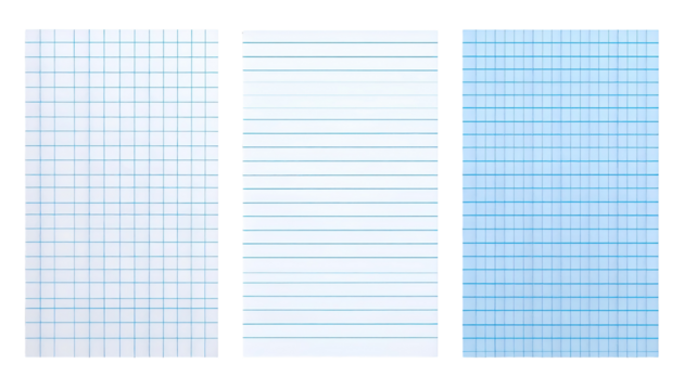 Three sheets of lined and gridded paper
