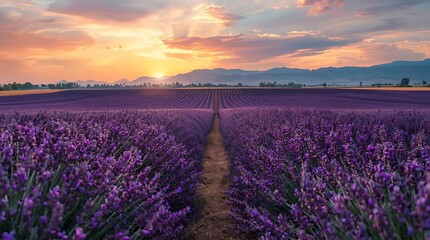 Obraz premium A beautiful landscape of a vast purple lavender field at sunset with a dramatic sky