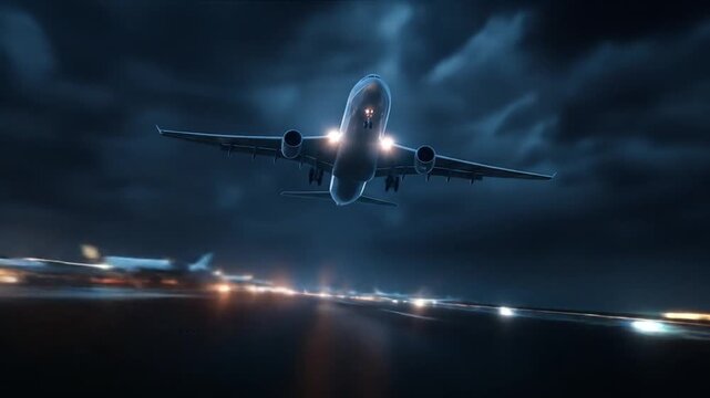 Airplane taking off at night with bright headlights illuminating the runway and airport