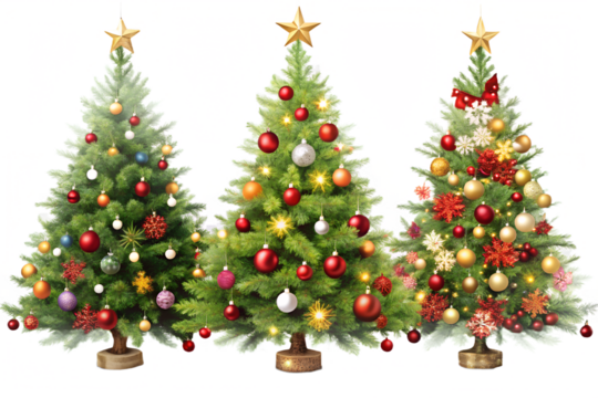 Three Decorated Christmas Trees with Ornaments and Stars on Transparent Background
