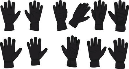 Glove icon set, assorted protective and winter handwear designs, black silhouette clothing accessories, vector illustration