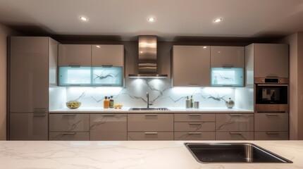 Modern Kitchen Interior: A contemporary kitchen space, meticulously designed with sleek cabinets, a marbled countertop, and recessed lighting, embodies the essence of modern living.