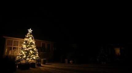 Illuminated Christmas Tree at Night:  A beautifully adorned Christmas tree with twinkling lights, a star and glowing in front of a house at night, it brings warmth to a winter's night
