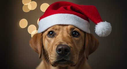 Dog wearing Santa hat with blurred lights background