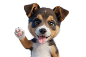 Adorable 3D cartoon puppy with big eyes, waving hello. background removed