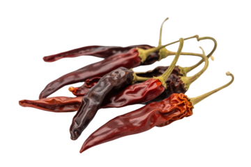Dried red chilies, dark reddish-brown,  clustered together, stems intact. background removed