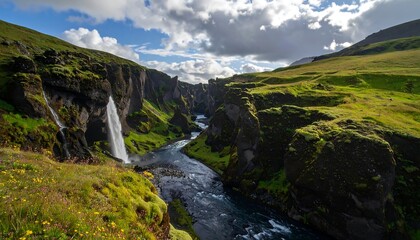 Icelandic River Gorge Cascade and Lush Valley Landscape