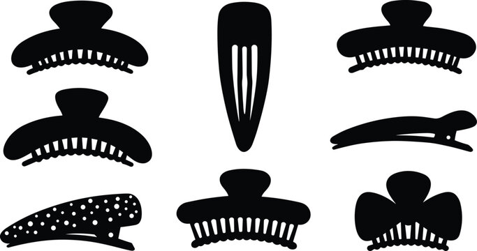 Hair clip icon set, assorted claw, snap, barrette, and decorative designs, black silhouette hair accessory illustrations, vector art