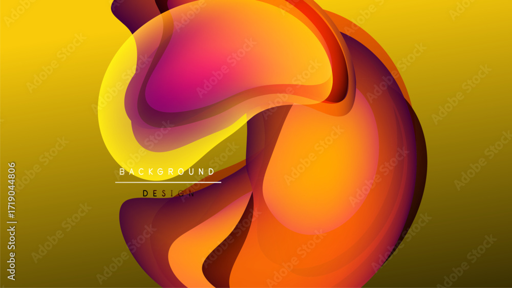 Poster abstract fluid shapes overlap, creating vibrant orange, yellow, magenta gradients. background is dar