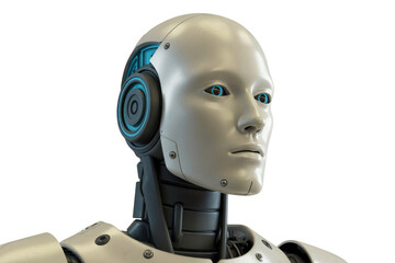 Naklejka premium Close-up of a humanoid robot's head, showcasing its detailed mechanical design and human-like features. background removed