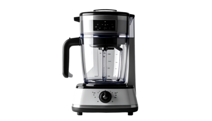 Sleek, stainless-steel blender with a clear, large capacity jar, featuring a digital display and control dial