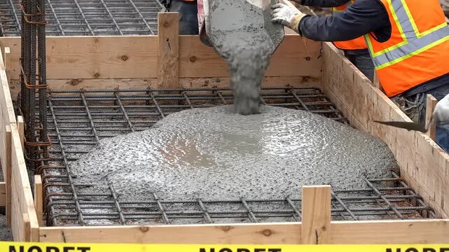 Fresh concrete mix being expertly poured by construction workers into a metal rebar grid within timber formwork, laying the groundwork for a robust building project