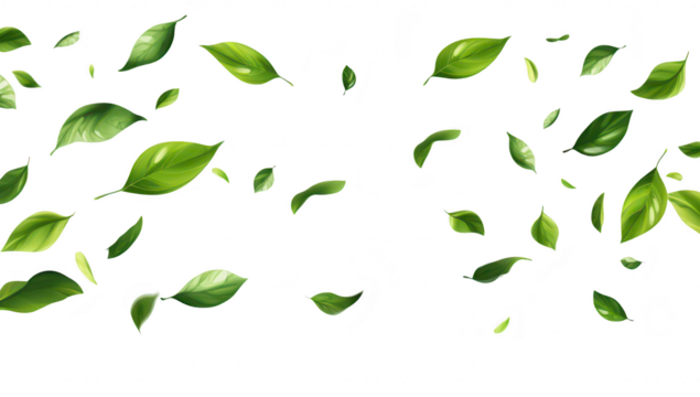 A display of green leaves gracefully falling against a clean white background. symbolizing natures beauty and renewal. ideal for eco-friendly themes or wellness projects