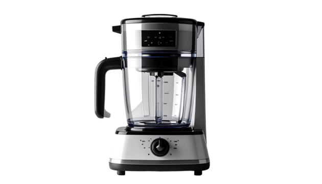 Sleek, stainless-steel blender with a clear, large capacity jar, featuring a digital display and control dial
