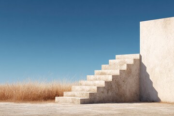 Beige concrete stairs ascend against a clear blue sky, beside a wall; dry grass in foreground