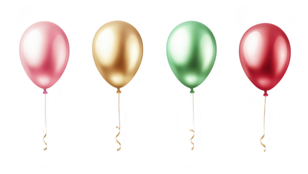 A display of four glossy balloons in pink. gold. green. and red. each tied with a golden string. set against a clean white background. perfect for festive celebrations and party decorations