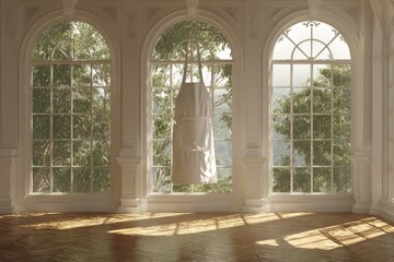 A white apron hangs in a sunlit, ornate white room with arched windows overlooking lush greenery
