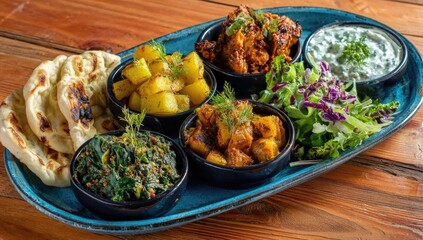 A vibrant platter features tandoori chicken, roasted potatoes, spinach, naan bread, and a refreshing dip, arranged on a teal platter atop a rustic wooden table