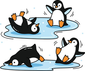 Obraz premium Vector art of four cute cartoon penguins playing on ice