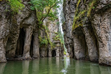 Narrow canyon waterway, tall stone walls, lush green vegetation