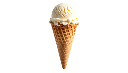 A single scoop of pale yellow vanilla ice cream sits atop a crisp, waffle cone against a black background