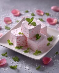 Delicate pink marshmallows, dusted with sugar, garnished with mint, rest on a square white plate, surrounded by rose petals on a grey background