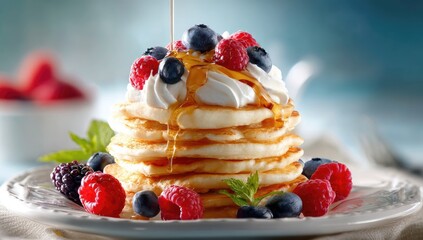 Golden pancakes stacked high, drizzled with syrup and topped with whipped cream and fresh berries