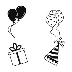Black and White Party Icon Set | Birthday Gift, Balloons, Party Hat Clipart | Minimalist Celebration Silhouettes for Invitations & Decorations.