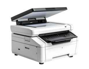 White all-in-one printer with scanner lid open, displaying flatbed scanner glass and control panel