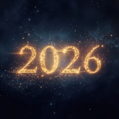 Golden 2026 New Year Text with Sparkling Effects on Dark Starry Background