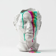  Surreal Cracked Marble Statue Head Overflowing with Vibrant Colorful Fluid Art