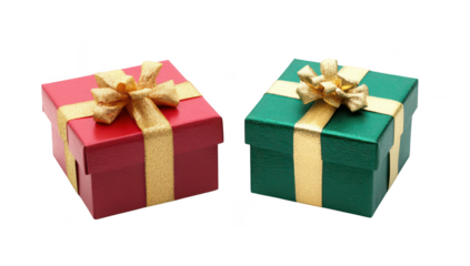 Two beautifully wrapped gift boxes. one red with a golden bow and the other green with a golden ribbon. set against a clean white background. perfect for holiday celebrations and festive occasions