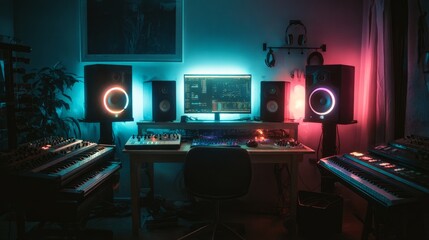 Dark and moody studio with glowing RGB lights highlighting studio monitors, synthesizers, and headphones, perfect modern producer aesthetic