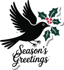 Christmas bird with holly branch silhouette vector