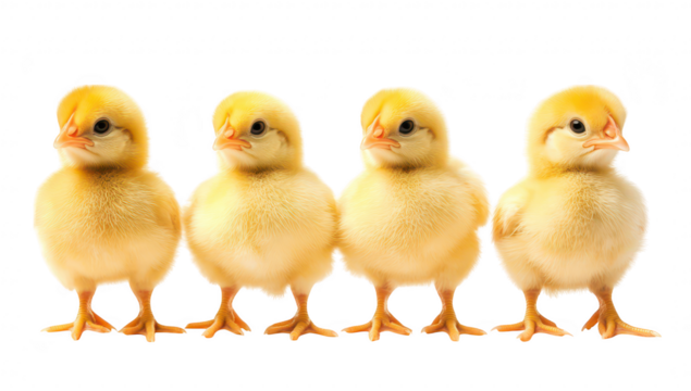Four fluffy yellow chicks standing in a row against a white background. their cute features and playful expressions. ideal for use in childrens books or farm-themed designs