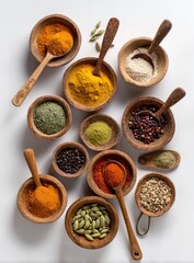 Overhead view of various spices in small wooden bowls and spoons on a white background