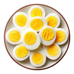 Sliced hardboiled eggs on ceramic plate circular arrangement kitchen setting food presentation, isolated on transparent background