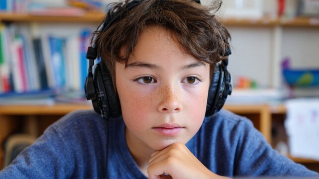 Boy wearing headphones in library or classroom.