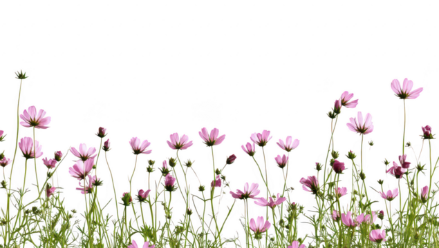 A display of pink wildflowers blooming in a field. set against a clean white background. perfect for nature-themed projects or floral designs - Powered by Adobe