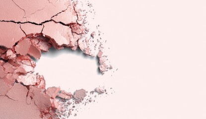 Obraz premium Crushed, light pink cosmetic powder, fragmented, cracks, scattered on white background