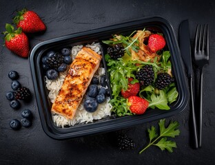 Grilled salmon with rice and a mixed berry salad in a black plastic container, garnished with parsley, alongside fresh berries and black cutlery on a dark surface
