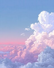 Pastel pink and blue sky with fluffy cumulus clouds at sunset, viewed from above the cloud layer