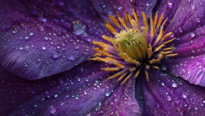 Close-up of a deep purple flower, glistening with water droplets, showcasing intricate details of its petals and stamen