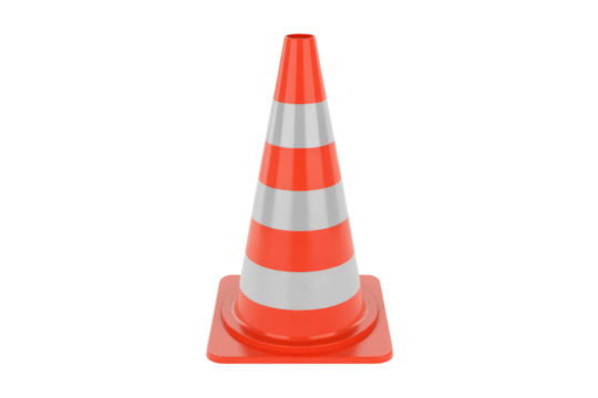An image of a traffic cone, orange with white stripes, isolated on a transparent background. background removed
