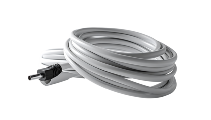 A neatly coiled, off-white power cable with a visible 5.5mm x 2.1mm DC plug