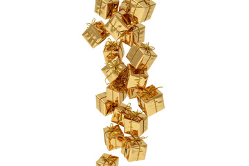 Falling golden gift boxes on a transparent background, a festive and luxurious image. background removed