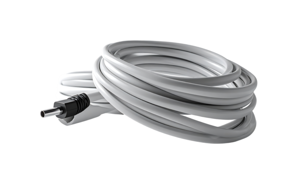 A neatly coiled, off-white power cable with a visible 5.5mm x 2.1mm DC plug