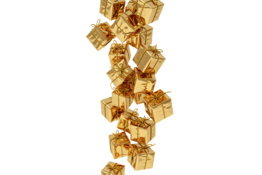 Falling golden gift boxes on a transparent background, a festive and luxurious image. background removed
