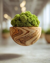 A vibrant green moss sphere nestled in a swirling, light brown wooden bowl, seemingly floating above a grey surface in a blurred, airy background